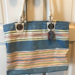 Coach Striped Beach Bag Tote with charms
